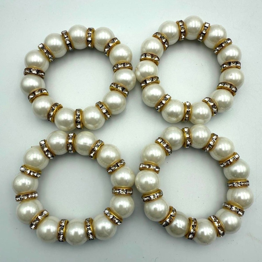 Set of 4 Faux Pearl and Rhinestone Napkin Rings Gold Tone Table Decor Elegant